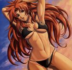  abs armpits arms_up bikini bikini_tan breasts cleavage covered_nipples earrings eiwa jewelry large_breasts long_hair muscle purple_eyes queen's_blade red_hair risty solo swimsuit tan tanline toned underboob wet 