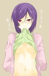  androgynous bad_id bad_pixiv_id beniko breasts character_name genderswap genderswap_(mtf) glasses gundam gundam_00 mouth_hold purple_hair red_eyes shirt_lift small_breasts solo tieria_erde 