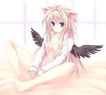  animal_ears barefoot blonde_hair blue_eyes bottomless breasts cat_ears cleavage feet horn medium_breasts no_panties open_clothes open_shirt original shirt solo tateha_(marvelous_grace) wings 