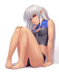 against_wall barefoot black_sclera dark_skin feet_together full_body hand_on_own_knee kengou long_hair looking_at_viewer original pointy_ears red_eyes silver_hair sitting solo sports_bikini swimsuit 