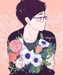  1boy artist_name black_hair blue-framed_eyewear collarbone expressionless floral_background floral_print flower glasses highres katsuki_yuuri leaf looking_to_the_side male_focus meyoco pink_background pink_flower print_shirt profile shirt short_hair solo sparkle upper_body white_flower yuri!!!_on_ice 