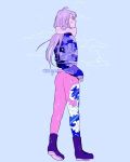  androgynous artist_name blue_background boots cloud crescent_moon expressionless facing_away from_side full_body highres long_hair long_sleeves meyoco midriff moon night night_sky original pants pink_pants print_pants profile purple_hair scarf simple_background sky sky_print solo standing wave_print waves 