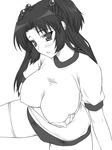  blush breast_hold breasts buruma clannad covered_nipples greyscale gym_uniform hair_bobbles hair_ornament huge_breasts ichinose_kotomi monochrome shichimenchou solo thighhighs two_side_up 
