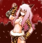  alcohol animal_ears animal_print bad_id bad_pixiv_id breasts convenient_censoring hair_censor horns large_breasts long_hair nanahime no_bra oni pink_hair pixiv_fantasia pixiv_fantasia_1 red_eyes sake solo tiger_print topless 