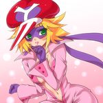  blonde_hair bodysuit gloves green_eyes hairu hat kaminari_ai open_clothes open_shirt pink_bodysuit shirt solo time_bokan_(series) unzipped yatterman 