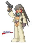  black_hair chaps dark_skin fingerless_gloves gloves gun handgun hime_cut kasuga_yukihito long_hair mahou_sensei_negima! midriff parody pistol red_eyes rockman solo style_parody tatsumiya_mana weapon 