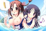  artist_request braid breasts brown_eyes brown_hair happiness! kamisaka_haruhi large_breasts multiple_girls name_tag one-piece_swimsuit pulled_by_another purple_eyes purple_hair school_swimsuit surprised swimsuit swimsuit_pull takamine_koyuki water 