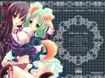  animal_ears au_pied brown_eyes brown_hair dog_ears dress dress_lift garden_(game) green_eyes green_hair hair_ribbon highres kasuga_sakurako long_hair multiple_girls otokawa_sayo panties purple_panties ribbon side-tie_panties striped striped_panties tail underwear 