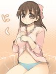  aoi_minamo belly bow brown_eyes brown_hair kashiwamochi_yomogi long_hair open_clothes open_shirt panties pink_bow plump real_drive shirt solo underwear 