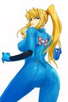  blonde_hair blue_eyes bodysuit long_hair looking_back metroid michael ponytail samus_aran shiny shiny_clothes skin_tight solo zero_suit 