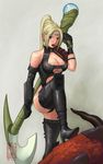  artist_request axe blonde_hair breasts cleavage large_breasts ninja_gaiden rachel_(ninja_gaiden) solo thighhighs weapon 