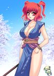  =_= bracelet breasts cherry_blossoms cleavage covering_mouth day green_hair hair_bobbles hair_ornament hand_on_hip hat jewelry large_breasts loincloth multiple_girls no_panties obi onozuka_komachi petals pole red_eyes red_hair rod_of_remorse sash shiki_eiki short_hair sky takadoya touhou two_side_up 