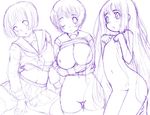  bottomless breasts flat_chest kei_jiei large_breasts monochrome multiple_girls original school_uniform shirt_lift sketch 