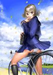  ass bicycle brown_hair copyright_request day garex ground_vehicle hybrid_bicycle panties pantyshot river school_uniform short_hair sky smile solo underwear 