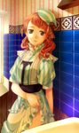  akiyoshi_haru bathroom beret blue_eyes blush dress dress_lift earrings frills hat jewelry orange_hair original red_hair rosette skirt solo striped victorian 