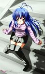  antenna_hair blue_hair boots copyright_request highres long_hair non-web_source red_eyes shirt sitting sitting_on_stairs skirt solo stairs striped striped_shirt sugimura_tomokazu thigh_boots thighhighs zettai_ryouiki 