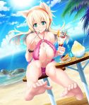  00s 1girl :p asahi barefoot beach blonde_hair breasts cecilia_cello cleavage eating feet female food green_eyes highres ice_cream large_breasts lilith-soft long_hair ocean sky smile soles solo swimsuit taimanin_(series) taimanin_asagi taimanin_asagi_battle_arena toes tongue tongue_out water 