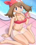  alternate_breast_size bandana bikini blue_eyes breasts brown_hair cleavage cup drink drinking drinking_straw haruka_(pokemon) hat heart large_breasts legs lowres navel pokemoa pokemon pokemon_(game) pokemon_rse pool solo swimsuit 