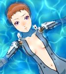  blue_submarine_no_6 bodysuit breasts brown_hair cleavage face kino_mayumi medium_breasts open_clothes pink_eyes short_hair solo toshi_punk unzipped water 