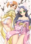  ass bare_shoulders blue_hair blush brown_hair cherry_blossoms facial_mark floral_print flower forehead_mark green_eyes hair_flower hair_ornament japanese_clothes kimono long_sleeves looking_at_viewer looking_back multiple_girls original panties red_eyes shiruko short_kimono smile twintails underwear white_panties wide_sleeves 