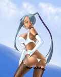  ass bikini blue_hair breasts butt_crack code_geass dark_skin elbow_gloves gloves large_breasts lowleg lowleg_bikini murazono ponytail side-tie_bikini silver_hair skindentation solo swimsuit thighhighs villetta_nu 