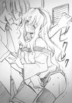  1girl fingering greyscale long_hair macross macross_frontier monochrome saotome_alto senomoto_hisashi sheryl_nome sketch sweat tears thighhighs 