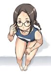  adjusting_eyewear barefoot braid enoshima_iki foreshortening glasses hair_ornament hairclip one-piece_swimsuit original school_swimsuit sitting solo swimsuit 