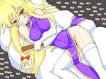  bare_shoulders blonde_hair blush china_dress chinese_clothes closed_fan dress fan folding_fan long_hair lying niwata_senpei oekaki on_back ribbon solo thighhighs touhou yakumo_yukari 