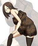  bra breasts brown_eyes brown_hair enoshima_iki huge_breasts lingerie long_hair mature negligee no_panties original pubic_hair see-through smile solo thighhighs underwear 