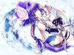  animal_ears copyright_request elbow_gloves flower gloves highres hirano_katsuyuki no_panties ponytail purple_hair scarf solo tail wallpaper 