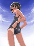  :d adjusting_clothes adjusting_swimsuit artist_request ass copyright_request dark_skin day flat_chest one-piece_swimsuit one-piece_tan open_mouth school_swimsuit short_hair sky smile solo swimsuit tan tanline wet 