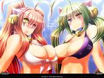  ahoge animal_ears bad_id bad_pixiv_id bell bell_collar bikini blush breast_press breasts cat_ears cleavage collar green_hair hair_bell hair_ornament heterochromia huge_breasts jingle_bell multiple_girls original purple_eyes red_eyes red_hair smile swimsuit symmetrical_docking twintails yace yellow_eyes 