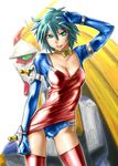  allenby_beardsley blue_eyes blue_hair blue_panties breasts cleavage collar g_gundam gundam large_breasts mecha multicolored_shirt nobel_gundam panties raglan_sleeves red_legwear shiny shiny_clothes solo thighhighs ueyama_michirou underwear v 