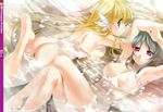  absurdres armpits arms_up arue_(princess_frontier) ass barefoot black_hair blonde_hair blue_eyes breast_press breasts cherry_blossoms crossed_legs duplicate highres huge_filesize large_breasts leki_lockheart long_hair lying multiple_girls nude on_back on_stomach petals princess_frontier purple_eyes scan senomoto_hisashi sideboob very_long_hair water 