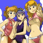  bare_shoulders bikini blonde_hair blue_eyes breasts cleavage clothes_writing dr._slump glasses highres kakkii kimidori_akane large_breasts medium_breasts multiple_girls name_tag navel no_bra norimaki_arale one-piece_swimsuit open_clothes open_vest purple_eyes purple_hair purple_school_swimsuit red_eyes school_swimsuit see-through sleeveless swimsuit teenage underboob v vest yamabuki_midori 