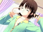  blush brown_hair cup drinking drinking_glass furusawa_asumi game_cg milk musume_shimai nonohara_miki pajamas short_hair solo 