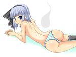  ass back bad_id bad_pixiv_id blue_eyes hair_ribbon hitodama kirise_mitsuru konpaku_youmu konpaku_youmu_(ghost) panties ribbon silver_hair solo striped striped_panties topless touhou underwear 