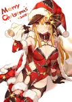  1girl arm_support black_gloves blonde_hair blush boots breasts cape christmas cleavage collar comeo fringe fur fur_trim gloves hair_between_eyes hat highres long_hair looking_at_viewer merry_christmas original payot santa_claus_(cosplay) sitting smile solo star_(symbol) thigh_boots thigh_gap thighhighs unzipped yellow_eyes zipper 