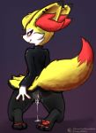  blush bottomless braixen clothed clothing coffeefly cum cum_in_pussy cum_inside female jacket kneeling leather leather_jacket looking_at_viewer looking_back nintendo pok&eacute;mon pok&eacute;mon_(species) purple_eyes pussy pussy_juice simple_background smile solo spreading te video_games 