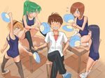  4girls armpits ass blonde_hair blue_eyes blue_hair brown_hair chair closed_eyes desk furude_rika green_eyes green_hair higurashi_no_naku_koro_ni houjou_satoko maebara_keiichi multiple_girls one-piece_swimsuit ryuuguu_rena school_swimsuit sonozaki_mion swimsuit tears thighhighs zenkou 