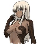  blue_eyes breasts dark_skin enoshima_iki hair_twirling large_breasts lips long_hair original solo white_hair 