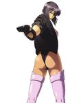  absurdres artist_request ass back boots from_behind ghost_in_the_shell ghost_in_the_shell_stand_alone_complex grey_hair gun handgun highres kusanagi_motoko looking_back panties pistol purple_legwear red_eyes short_hair solo source_request thigh_boots thighhighs thong underwear weapon 