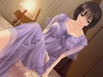  bed black_hair breasts collarbone dutch_angle game_cg genmukan large_breasts lingerie nightgown short_hair sitting solo tanaka_takayuki tanimura_kaoru thighs underwear 