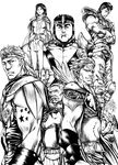  5boys armor character_request fudoh_(hokuto_no_ken) greyscale highres hokuto_no_ken hyui juza monochrome multiple_boys multiple_girls pauldrons rihaku shuren sword-dream tattoo tou yuria_(hokuto_no_ken) 