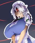  braid breasts buki56 huge_breasts izayoi_sakuya maid maid_headdress red_eyes short_hair silver_hair solo touhou twin_braids 