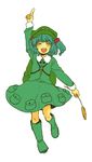  :d blue_hair boots cattail closed_eyes hair_bobbles hair_ornament hat kawashiro_nitori key meeko open_mouth plant rubber_boots short_hair smile solo touhou twintails two_side_up 