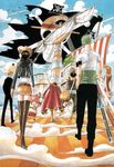  2girls 4boys absurdres antlers back black_hair black_pants blonde_hair blue_sky cigarette cloud clouds cover cover_page earrings food formal fruit fruit_tree goggles going_merry green_hair haramaki hat highres jacket jewelry jolly_roger monkey_d_luffy multiple_boys multiple_girls nami nami_(one_piece) nico_robin ocean oda_eiichiro oda_eiichirou official_art one_piece orange orange_hair orange_tree outdoors overalls pants pirate pirate_flag pleated_skirt reindeer roronoa_zoro sandals sanji scenery ship skirt sky smoking straw_hat suit sword tattoo tony_tony_chopper tree usopp walking weapon x_(symbol) 