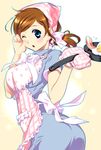  888 apron bacon blue_dress blue_eyes breasts brown_hair copyright_request dress earrings egg food frying_pan head_scarf highres jewelry large_breasts necklace oven_mitts pearl_necklace ponytail solo tears 