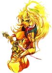  1girl armband blonde_hair dark-skinned_female dark_skin dark_skinned_female female green_eyes hands_on_hips long_hair looking_back princess_lion saga saga_frontier sakizou solo sword weapon white_background wristband 