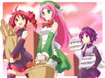  ahoge bag baguette beret bow bread detached_sleeves drill_hair food green_eyes hair_ornament hairclip harisenbon_(power-slide) hat headphones kasane_teto long_hair momone_momo multiple_girls pink_hair purple_eyes purple_hair red_eyes red_hair short_hair skirt smile thighhighs twin_drills twintails utane_uta utau vegetable 